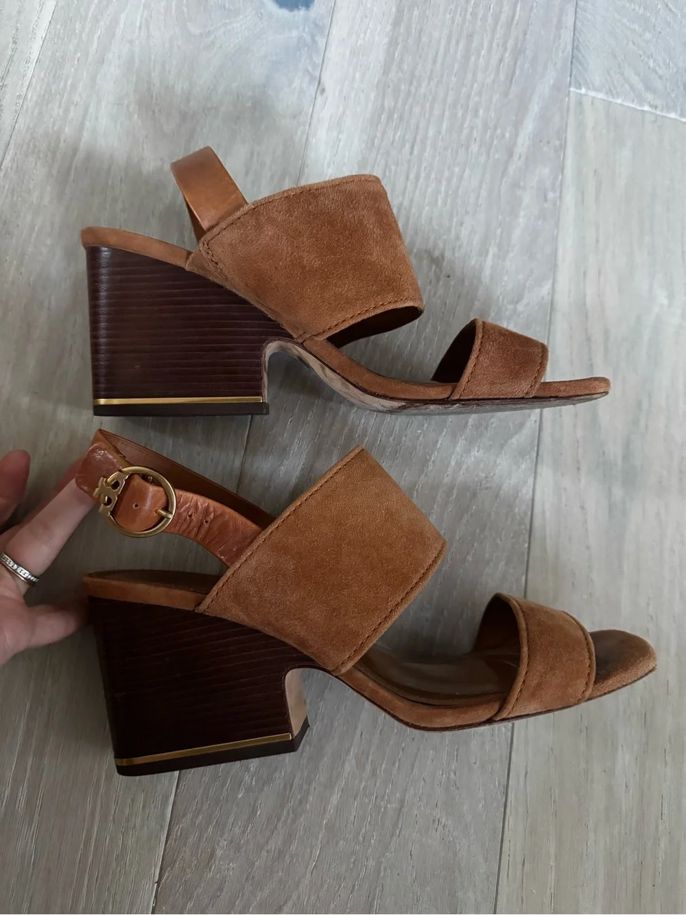 Tory Burch Tan Suede Block Heel Sandals with Gold Accent